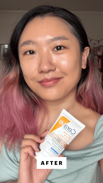 Han after applying the CeraVe Hydrating Mineral Sunscreen Deep Sheer Tint